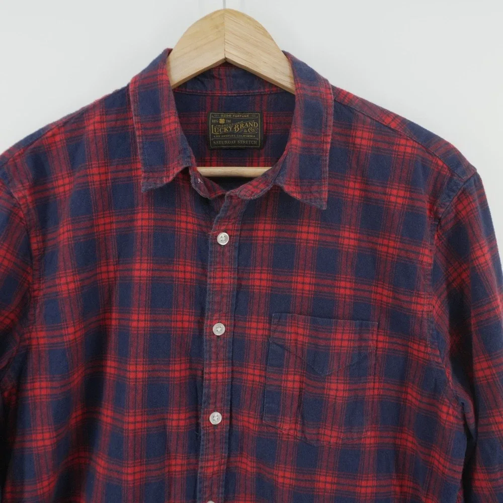Lucky Brand Button Down Shirt Mens L Red Navy Plaid Saturday Stretch Flannel